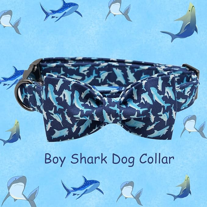Elegant Little Tail Bowtie Collar for X-Small Puppy and Cat - Shark Print, Adjustable
