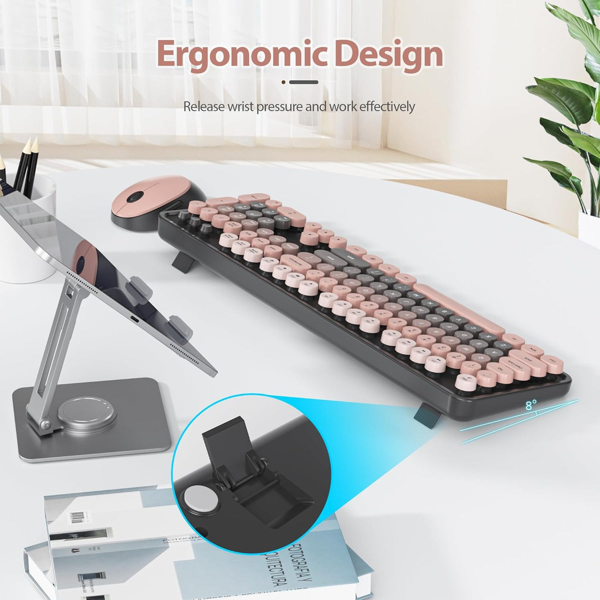 Wireless Keyboard and Mouse Set, Retro Typewriter Black Pink