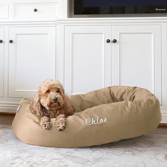 Majestic Pet Personalized 40 Inch Bagel Calming Dog Bed Washable – Cozy Soft Round Dog Bed with Spine Support for Dogs to Rest Their Head - Fluffy Donut Dog Bed 40x29x9 (Inch) - Large – Khaki