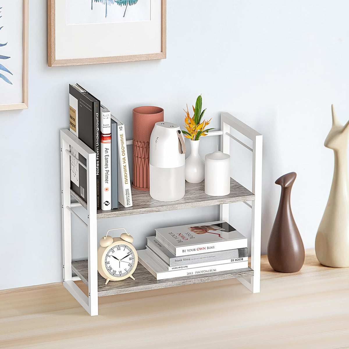Office Desk Shelf Organizer, Wood Desktop Bookshelf Supplies Storage Rack, Shelf for Top of Desk and Dresser (Grey-2 Tier)