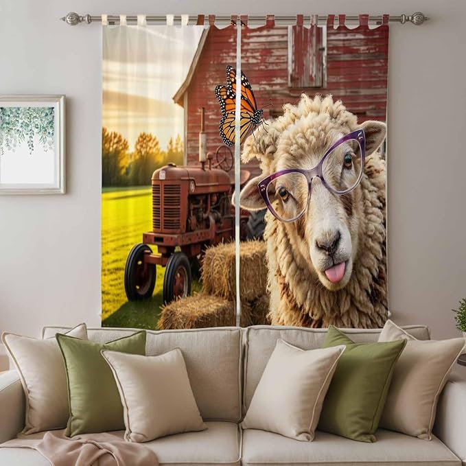 Farm Sheep Living Room Curtains 96 Inch Length, Window Curtains Tab Top