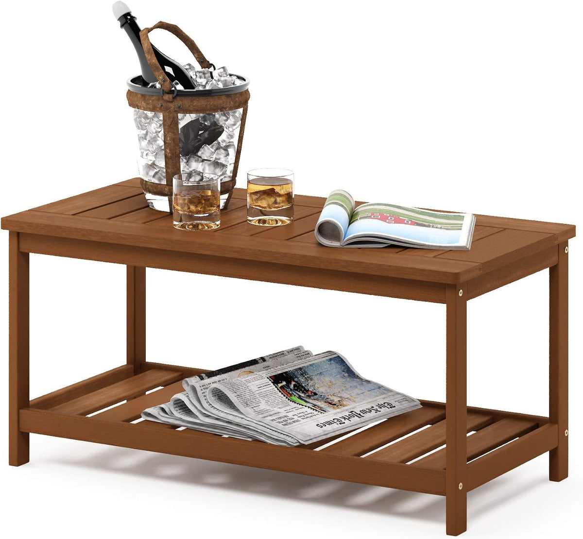 Furinno TIOMAN 2-Tier Outdoor Patio Table with Open Shelf, Natural