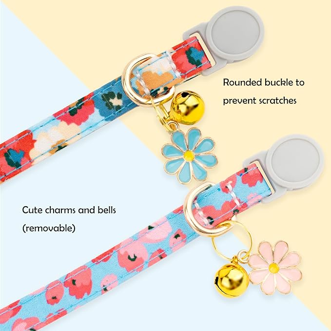 Faygarsle 2 Pack Breakaway Cat Collar with Bells for Girl Cats Cute Pink Collar with Flower Charm Floral Girly Spring for Cats
