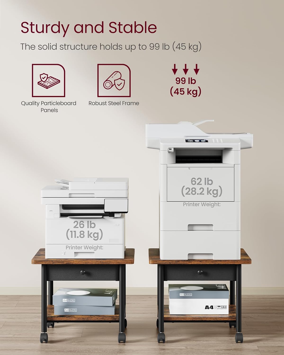 VASAGLE 2-Tier Printer Stand with Locking Wheels, Under Desk Printer Table