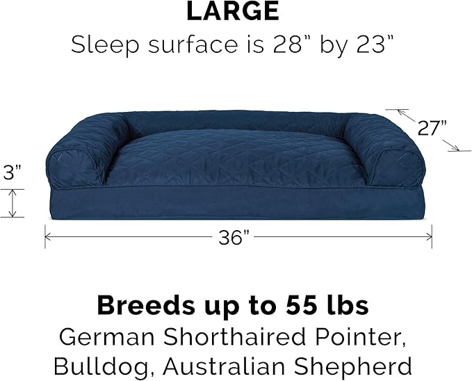 Furhaven Pillow Dog Bed for Large/Medium Dogs w/ Removable Bolsters & Washable Cover - Quilted Sofa - Navy (Blue), Large