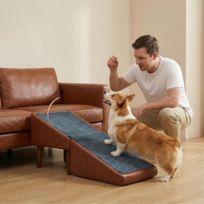 Dog Ramp for Dogs and Cats, 16" W 2-in-1 Split Ottoman Dog steeps for Bed,Solid Wood, Gentle 23 Incline, Foldable Pet Stairs for Large and Small Dogs (Brown)