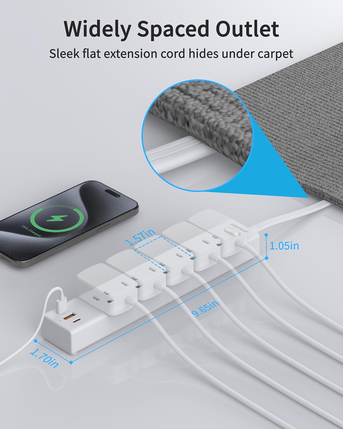 2 Pack Surge Protector Power Strip, 5AC&1A2C, 10FT Flat Plug Extension Cord