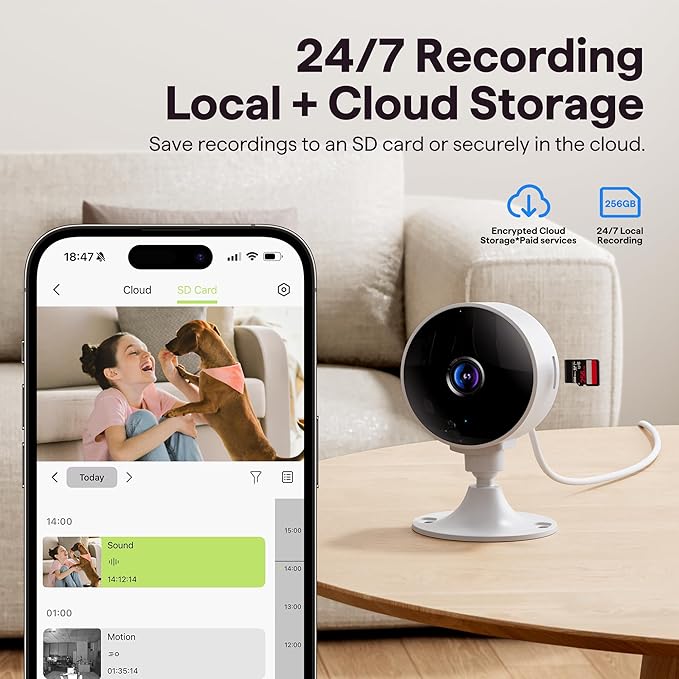 2K Wireless Cameras for Home Security Camera, Pet Camera Indoor with Phone App, Night Vision, Motion Alert, 24/7 SD&Cloud Record, Two-Way Audio, Security Camera Indoor Works with Alexa&Google