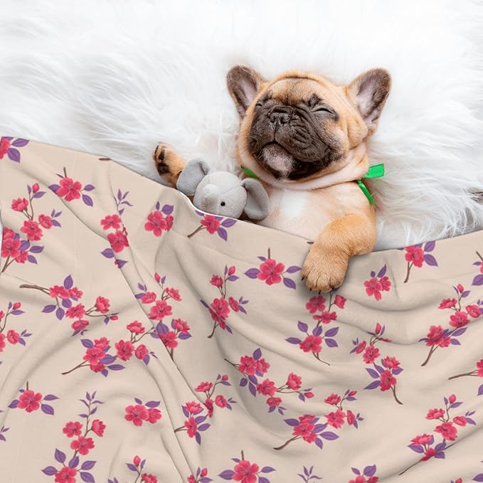 Double Sided Plush Pet Blanket with Cozy Dot Texture and Smooth Reverse, Cherry Flower Seamless Flowers Pattern, Reversible Throw for Dogs Cats on Couches Beds Crates