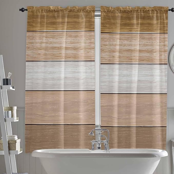 Retro Farm Wood Board Window Valance Curtains, 2 Panel
