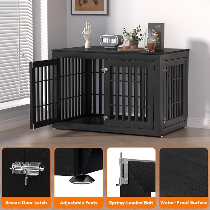 48" Heavy Duty Dog Crate Furniture for Small,Medium and Large Dogs,Rustic Wooden Dog Cage Kennel Indoor Furniture with Waterproof Top,Decorative Pet House Side End Table (Black)