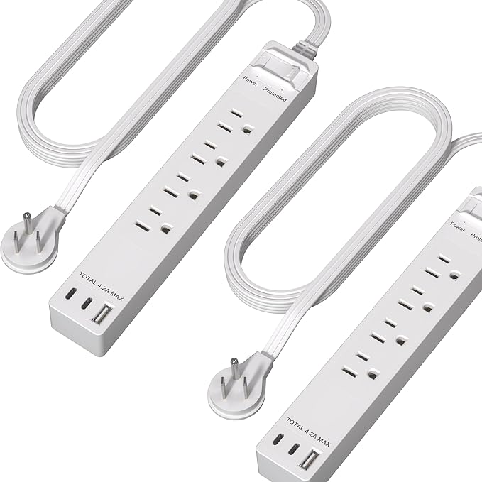 LIDER Outlet Extender with 4 Receptacles, USB Type-A and 2 USB Type-C, Ultra-Thin Flat-Plug, 4-Outlet Power Strip, 45 Degree Angle, Surge Protector, 1500 Joules, 5ft Cord, UL-Listed, White, 2 Pack