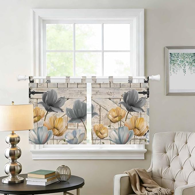 Spring Tulips Flower Kitchen Curtains 36 Inch Length, Small Window Curtains Tab
