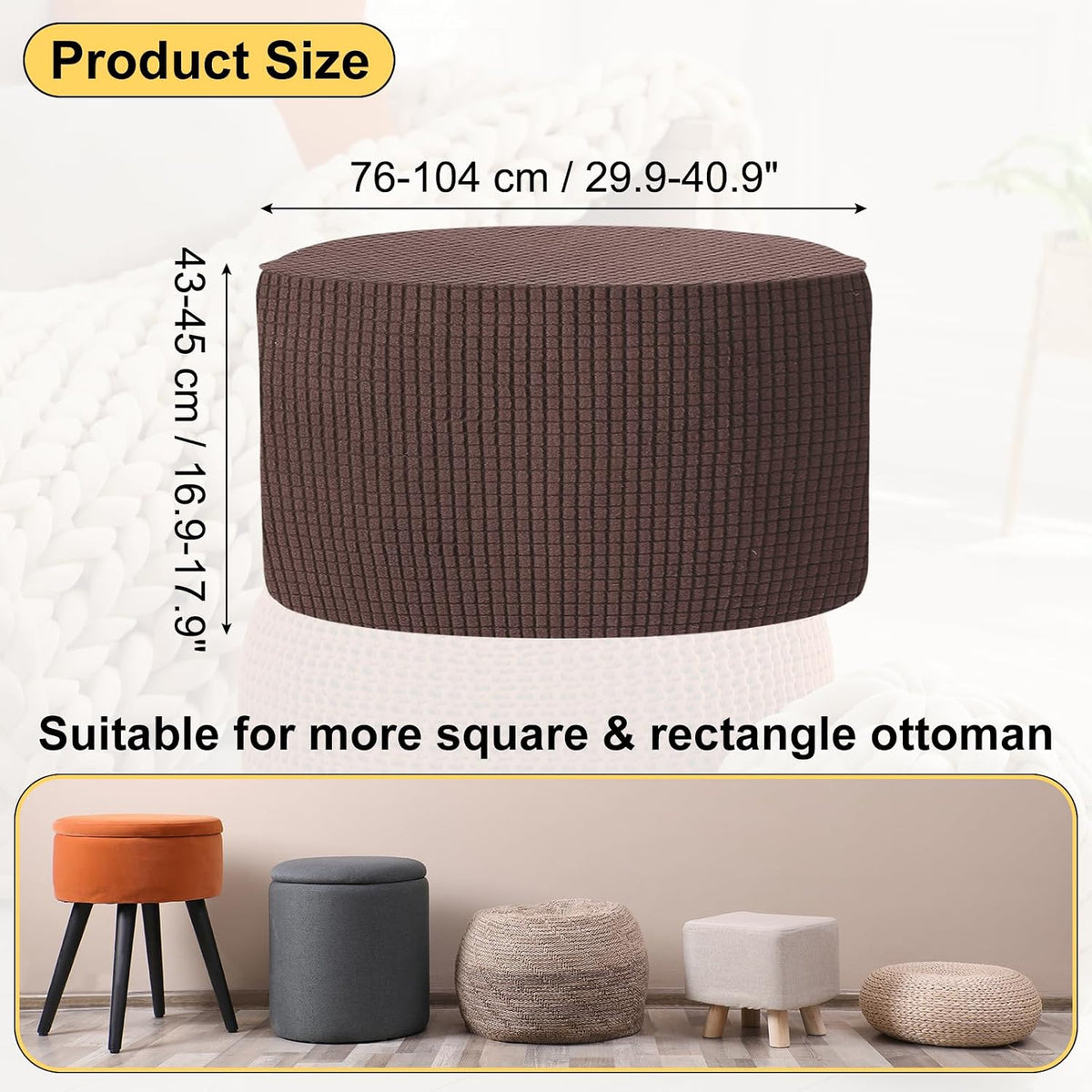 uxcell Ottomen Cover Round, Jacquard Ottomen Slipcover with Elastic Bottom Fit 76cm-104cm /29.9"-40.9" Diameter, Stretchable Footrest Stool Covers for Furniture Protector, Brown