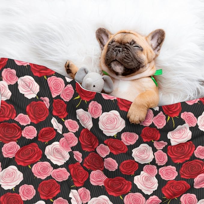 Double Sided Pet Bed Blanket for Added Cushion Warmth, Black White Stripes Red Rose Flowers, Reversible Cover with Textured Dot Surface for Existing Beds Standalone Mat