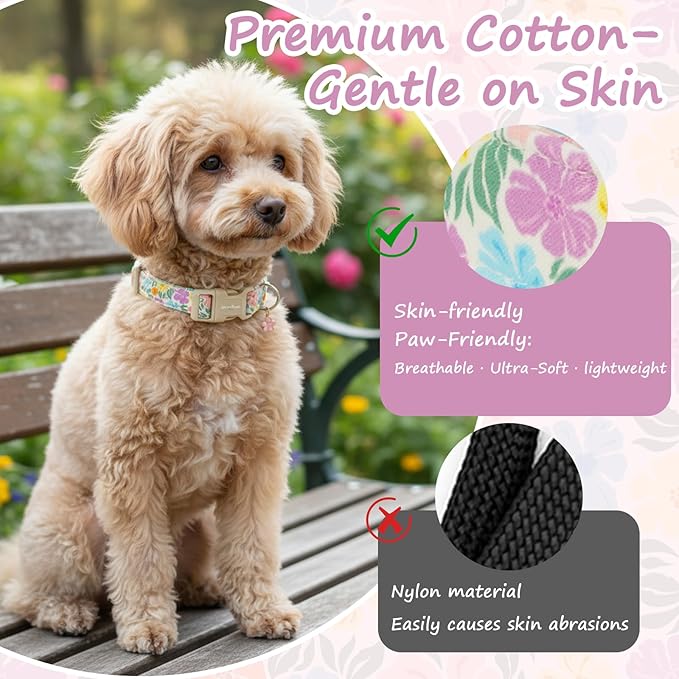 Cotton Dog Collar with Colorful Flowers for Spring Summer, Adjustable Puppy Dog Collars for Small Medium Large Dogs, Cute Girl Boy Dog Collar Ideal for Gifts,Pet Accessory,M