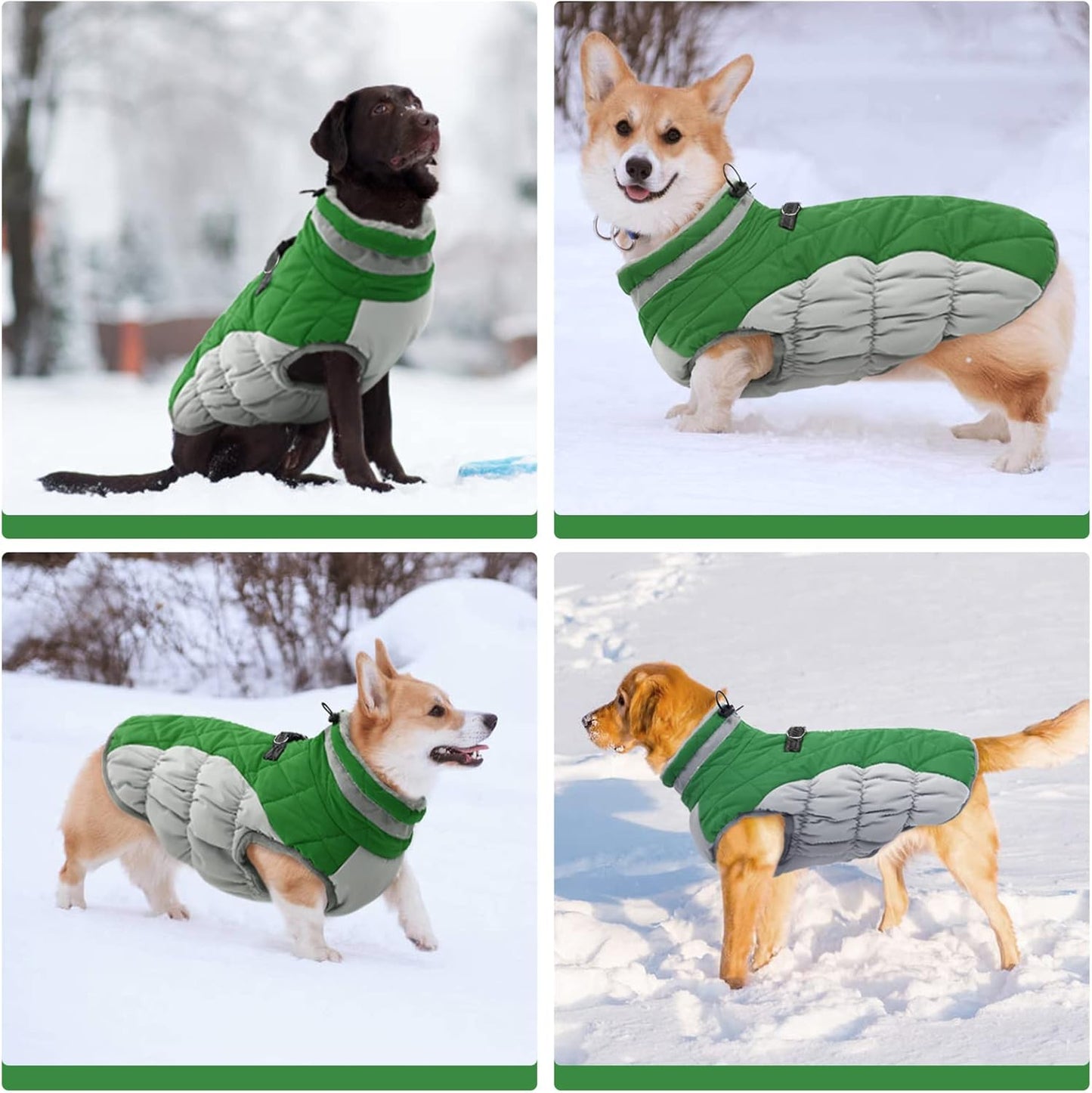 FUAMEY Dog Coat for Large Dogs,Waterproof Dog Winter Jacket with Harness Built in Puppy Cold Weather Coats Reflective Pet Vest with Zipper Warm Fleece Dogs Snowsuit Windproof Green L