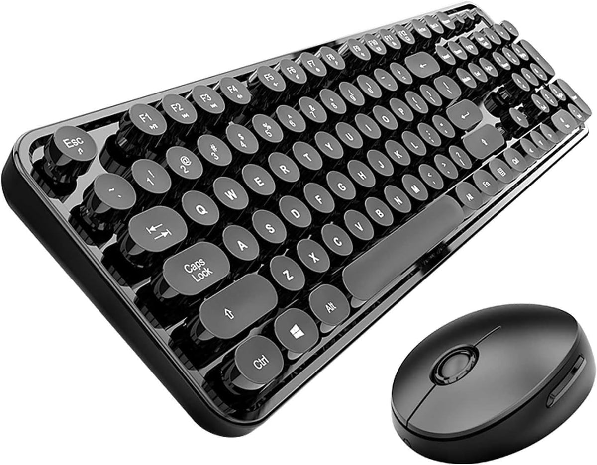 Wireless Keyboard and Mouse Combo, Retro Typewriter Style Keyboard with Round Keycaps, 2.4GHz Dropout-Free Connection Mouse with,Computer PC Desktops Laptop WindowsxP/7/8/10 (Black)