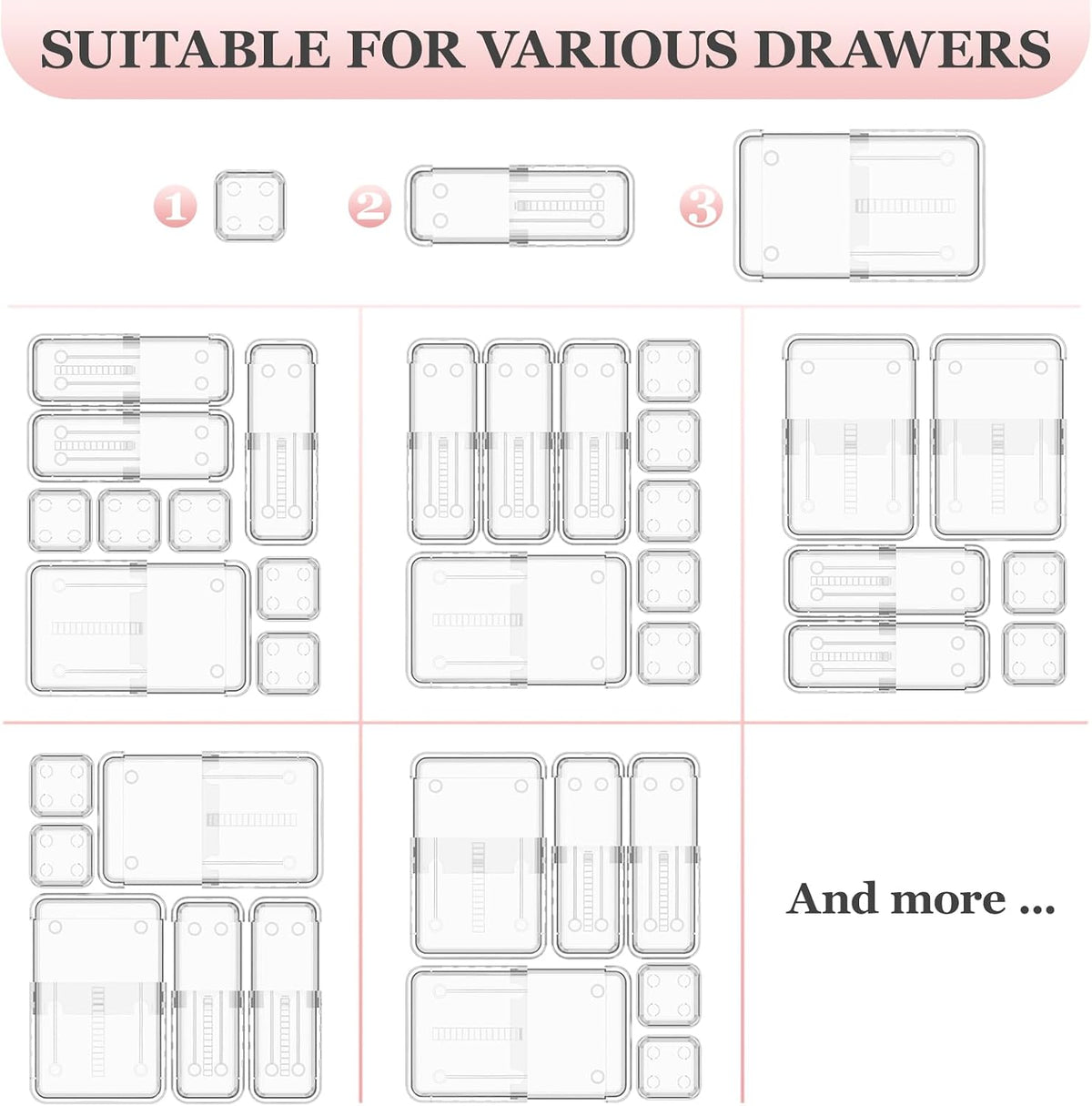 DILIBRA 16 Pcs Clear Extendable Drawer Organizer, 3-Size Adjustable
