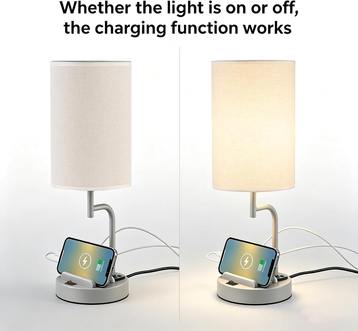 Dreamholder 2 Pack Table Lamp, Bedside Lamp with 3 USB Charging Ports & AC Outlet, USB Desk Lamp with 2 Phone Holders, Linen Fabric Shade Nightstand Lamps for Bedroom Living Room Office, Gray