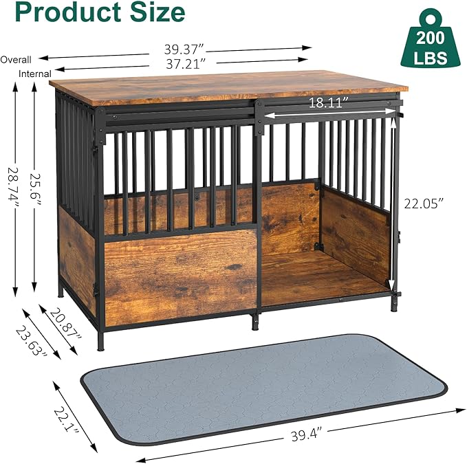 40 Inch Dog Crate Furniture with Cushion for Large Medium Dogs, Heavy Duty Dog Kennel with Double Doors, Decorative Indoor Pet Cage Side End Table with Sliding Door, Chew-Resistant, Brown