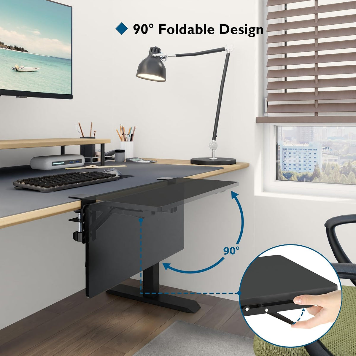 BONTEC Small Ergonomics Desk Extender Tray, 20x9.5 Inch Table Mount Arm Rest Shelf, 90° Foldable Keyboard Tray Platform, Clamp on Computer Arm Rest for Desk, Suitable for Office Desks, Black