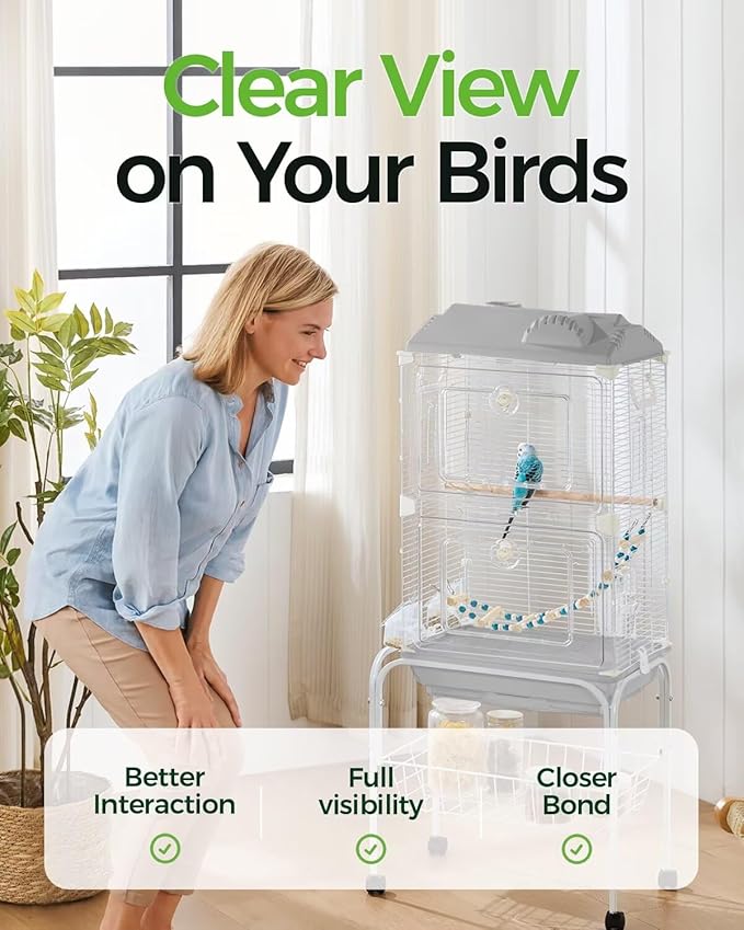 Clear View Bird Cage, Indoor Large Cage for Parakeet, Budgies, Cockatiels, Jaula para pajaritos, Easy Clean Safe Materials