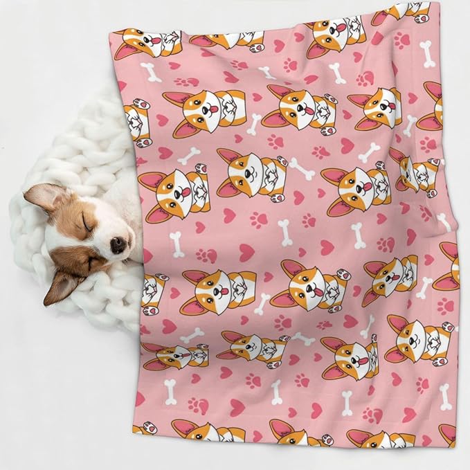Reversible Dog Blanket for Beds Couches, Cute Happy Corgi Dog, Double Sided Cat Blanket with Textured Dot Feel and Smooth Feel for Seasonal Comfort All Year