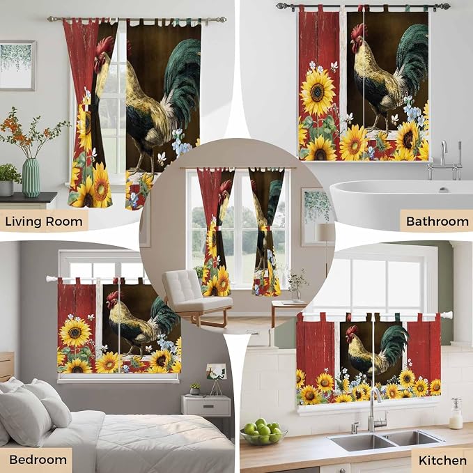 Chicken Sunflowers Bedroom Curtains 72 Inch Length, Window Curtains Tab Top
