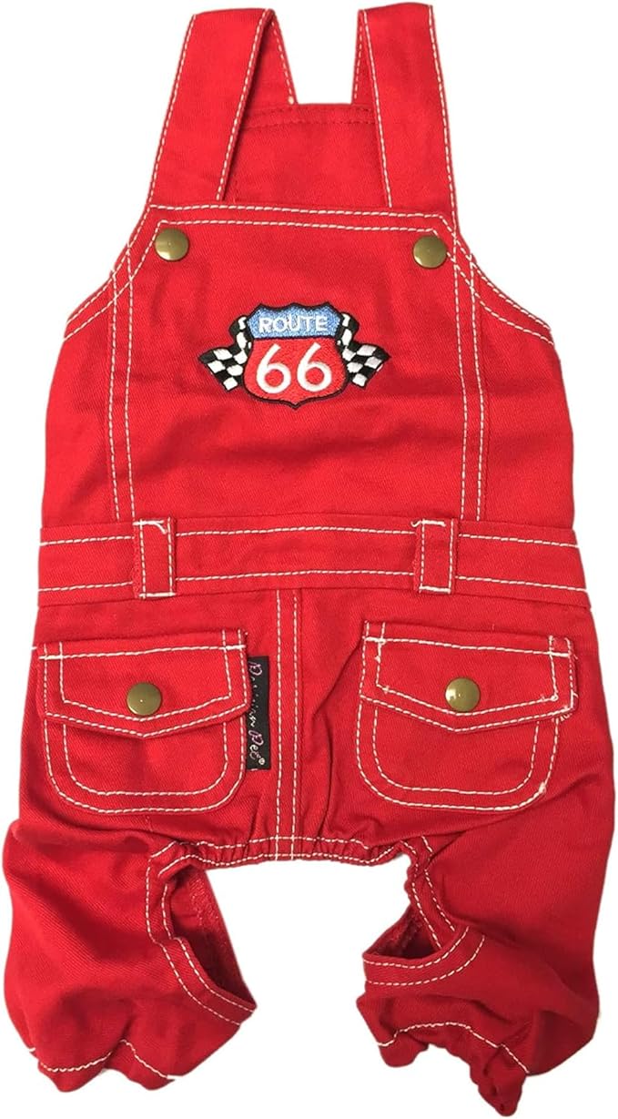 Parisian Pet Denim Overall - Embroidered “ Route 66 “ Red Dog Jumpsuit - Breathable Dog Costume - Machine Washable Dog Outfit - Dog Overalls for Small Dogs - S