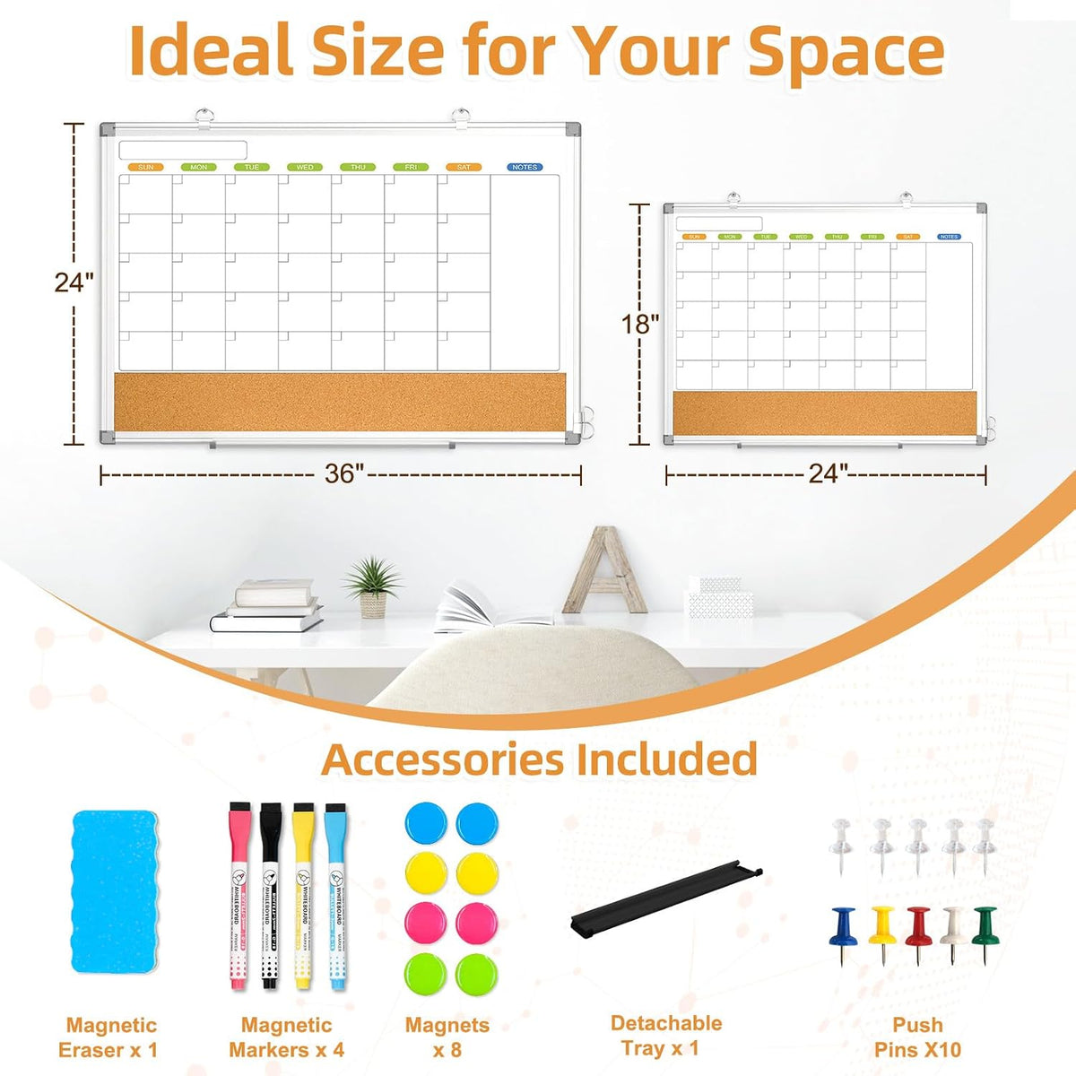 Calendar Whiteboard for Wall, 36" x 24" Dry Erase Monthly White Board