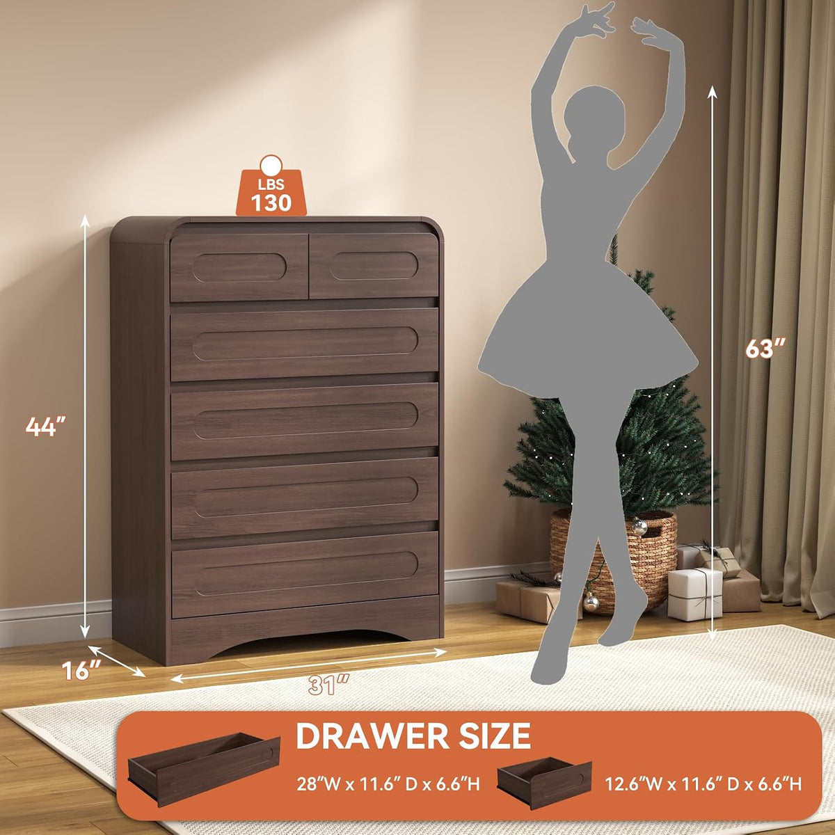 Tall Dresser for Bedroom, 6 Drawer Wood Dresser&Chest of Drawers, Brown