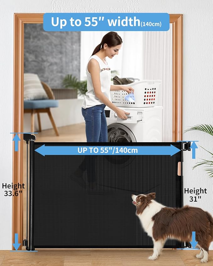 Retractable Baby Gate for Doorways and Stairs, Mesh Safety Gate for Pet, Indoor & Outdoor Use, One-Hand Operation, Easy Installation, 33.6" Tall, Expands to 55" Wide（Black,33.6"x55"