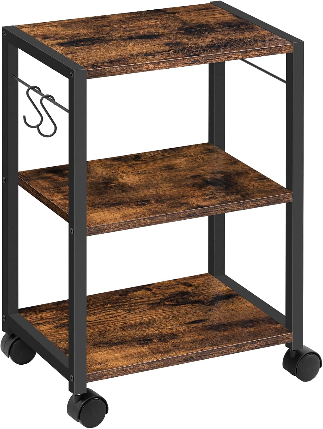 MAHANCRIS Printer Stand, 3-Tier Under Desk Rolling Cart with Storage Shelf, Heavy Duty Printer Table with Wheels for Home and Office, Printer Shelf with 2 Hooks, Small Spaces, Rustic Brown PTHR4001Z