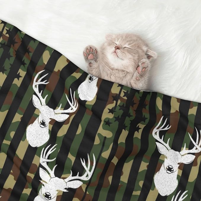 Pet Blanket for Indoor Outdoor Use, Cool Deer Camo Camouflage American Flag Hunting Black, Two Sided Reversible Plush Mat with Bumpy Dot Texture for Patios Crates Portable Bed Companion