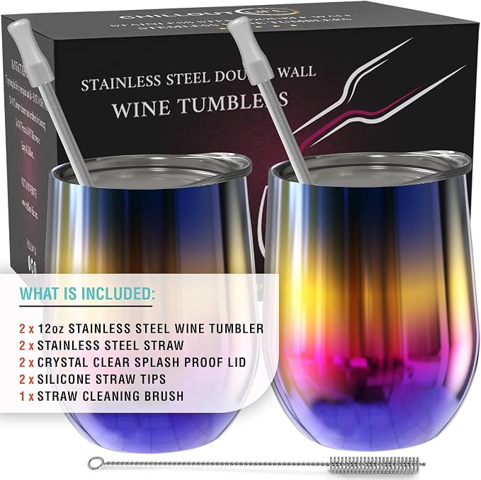 CHILLOUT LIFE 12 oz Stainless Steel Wine Tumblers 2 Pack