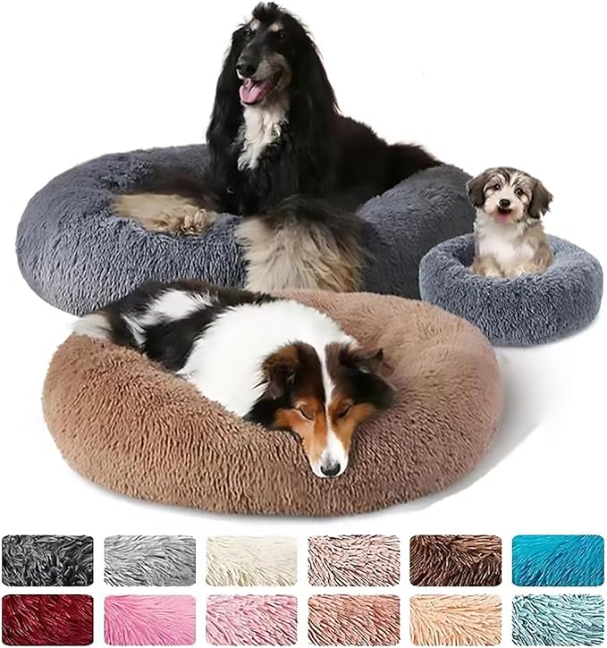 Calming Dog Bed for Small Dogs, Calming Donut Cuddler Pet Bed Anti Anxiety Round Dog Bed Fluffy Plush Faux Fur Cat Bed,Navy Blue,15.7IN
