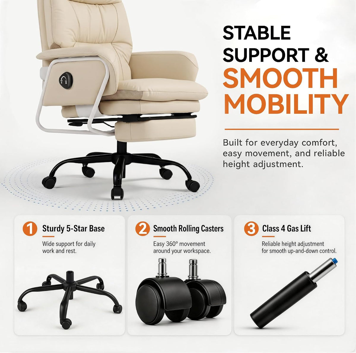 180° Reclining Office Chair with Footrest, PU Leather, Beige