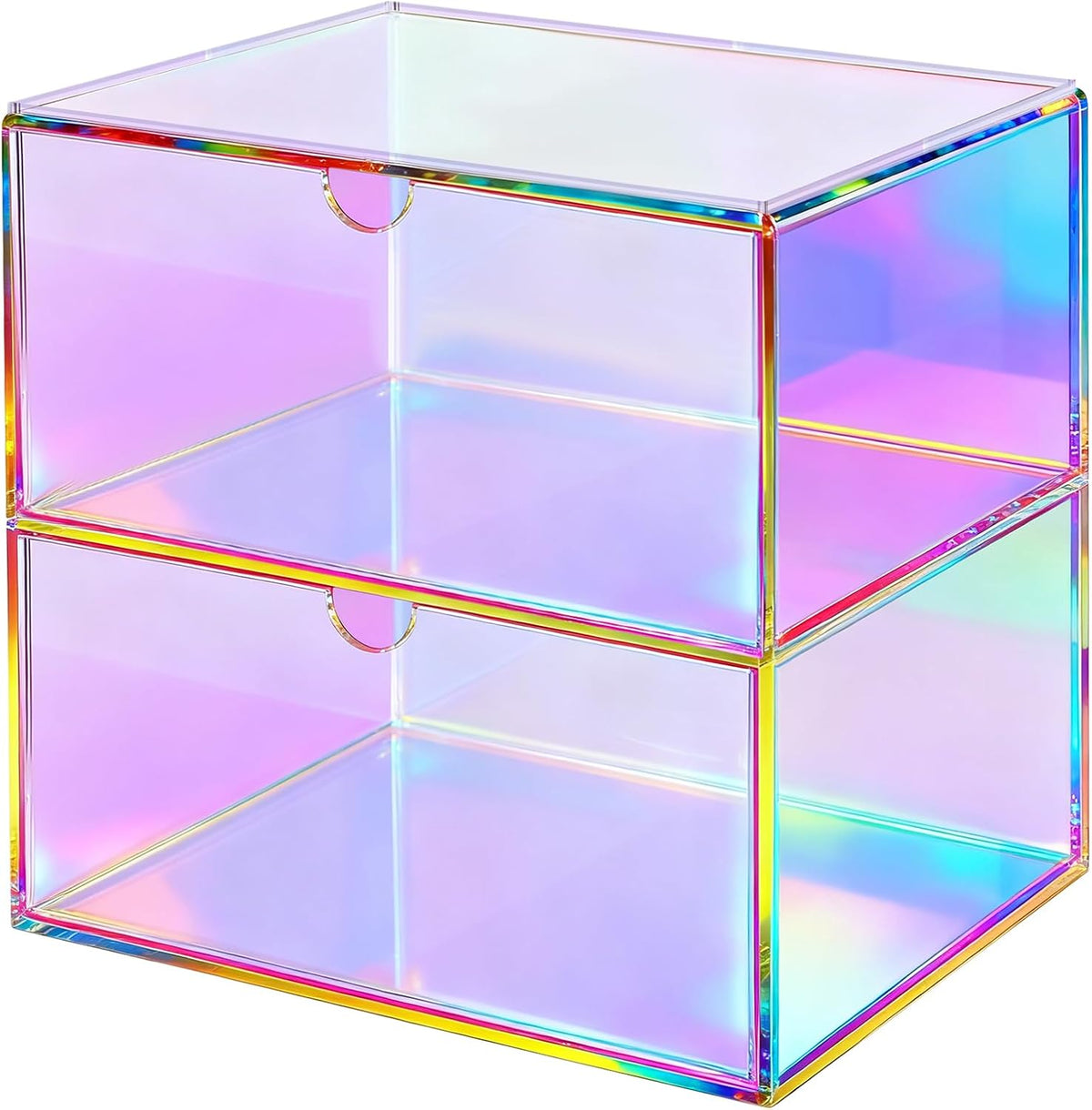 Acrylic Desk Organizer with Drawers Stackable Makeup Organizer for Vanity Office Countertop Cosmetic Display Cases Makeup Storage Box, Iridescent Rainbow