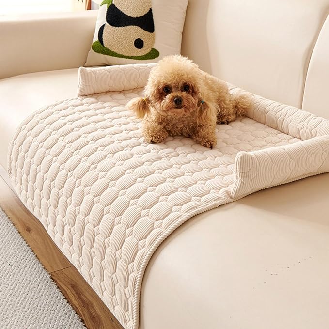 Pet Couch Covers for Sofa, 29" L × 29" W Calming Dog Bed Fluffy Dog Plush Mat for Furniture Protector with Bolster, Washable Removable Couch Cover for Small, Medium, Large Dogs and Cats (White)