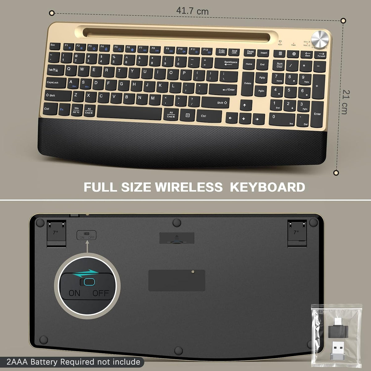 JOYACCESS Ergonomic Wireless Keyboard with Wrist Rest, Phone/Tablet Holder,Windows & Mac OS, 2.4 GHz Wireless, Full-Size,Quiet Keyboard Compatible for Laptop,PC, Mac, Windows -Black Glod