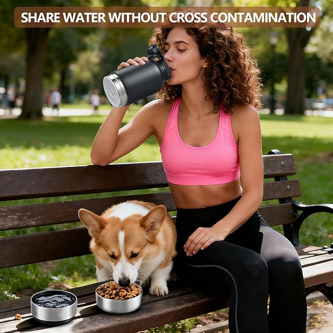 Insulated Dog Water Bottle with 2 Bowls, 32oz Travel Stainless Steel Double Wall Thermos, Portable Pet Dispenser, Gifts for Puppy Small Medium Dogs Walking Hiking and Camping