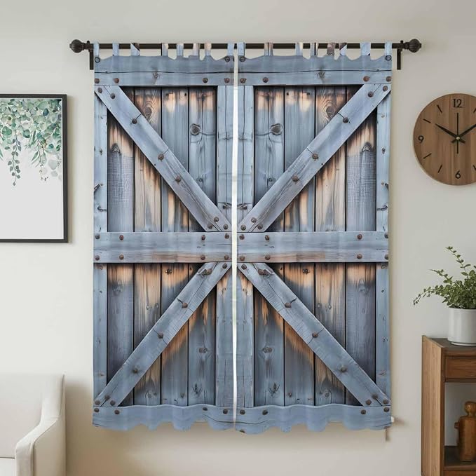 Farmhouse Wood Grain Living Room Curtains 84 Inch Length, Window Curtains Tab