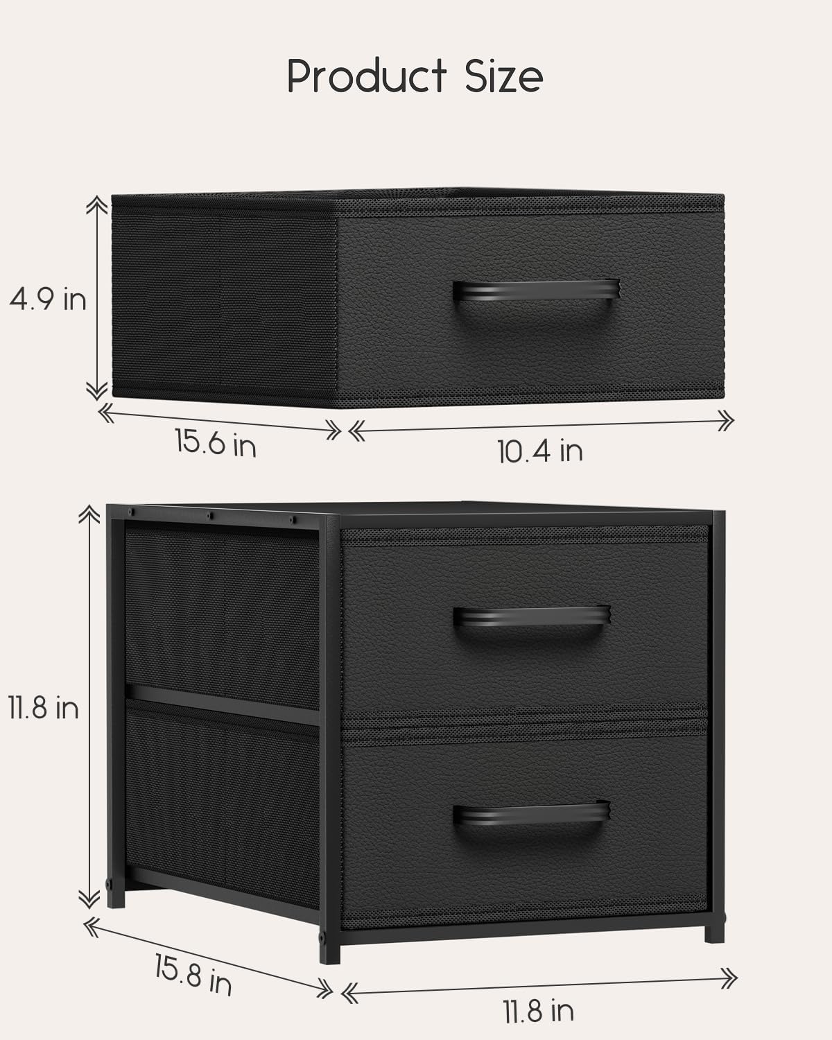Homsorout Stackable Storage Drawers - 2 Tier Closet Organizer with Metal Frame and Handles, Fabric Dresser with Collapsible Bins for Bedroom, Dorm, Office, Black, 1 Pack