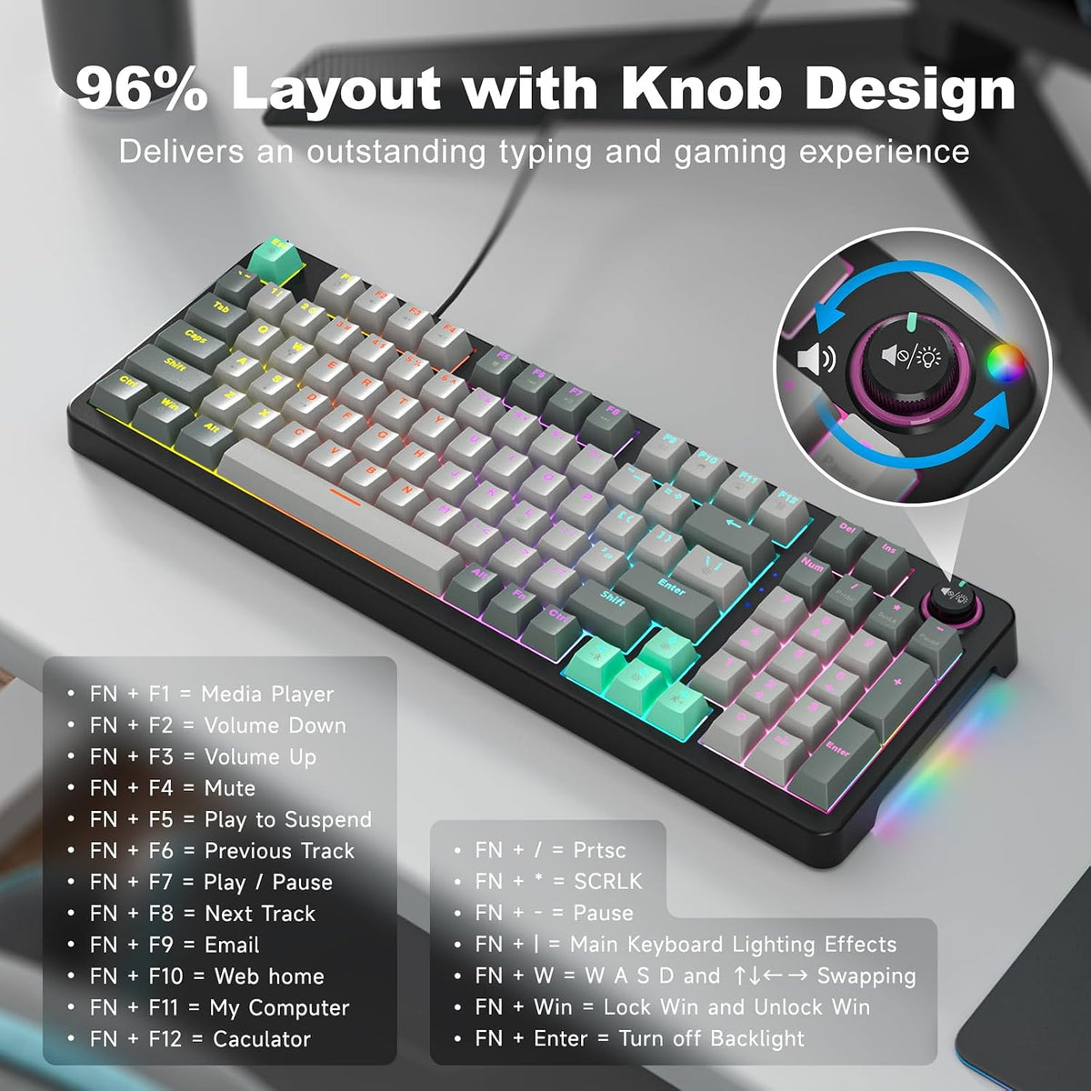 MOFII AK96 Mechanical Gaming Keyboard, Full Keys LED Backlit Programmable, Plug and Play USB A/C Wired Computer Custom Keyboard with Sound/Light Control Knob for Win/Mac - Gray & Black