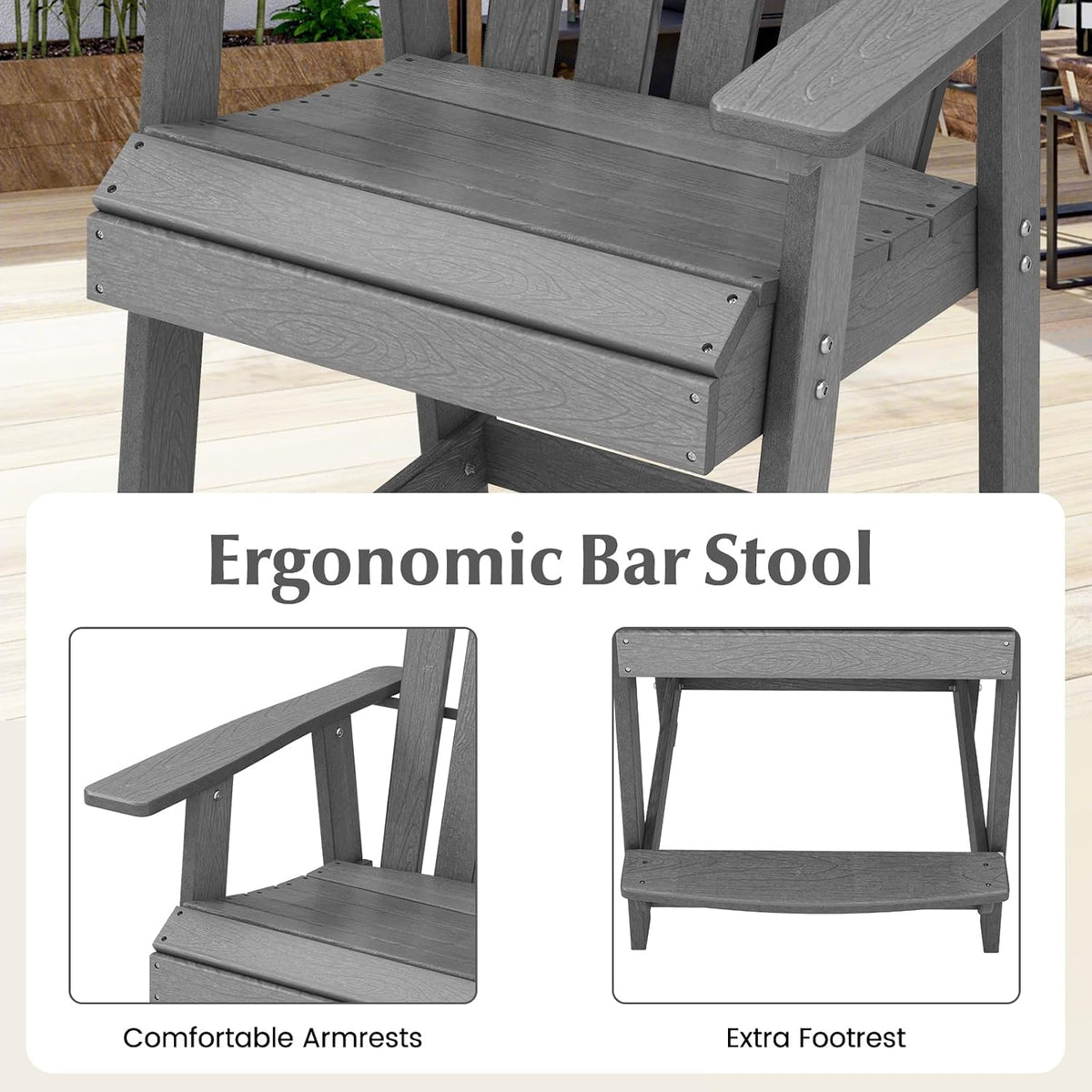 Tangkula Outdoor Bar Stool, HDPE Tall Adirondack Chair with Armrest & Footrest, Weather Resistant 47 Inch Counter Height Barstool Lifeguard Chair for Pool Deck Patio Garden, Balcony Chairs (1, Gray)