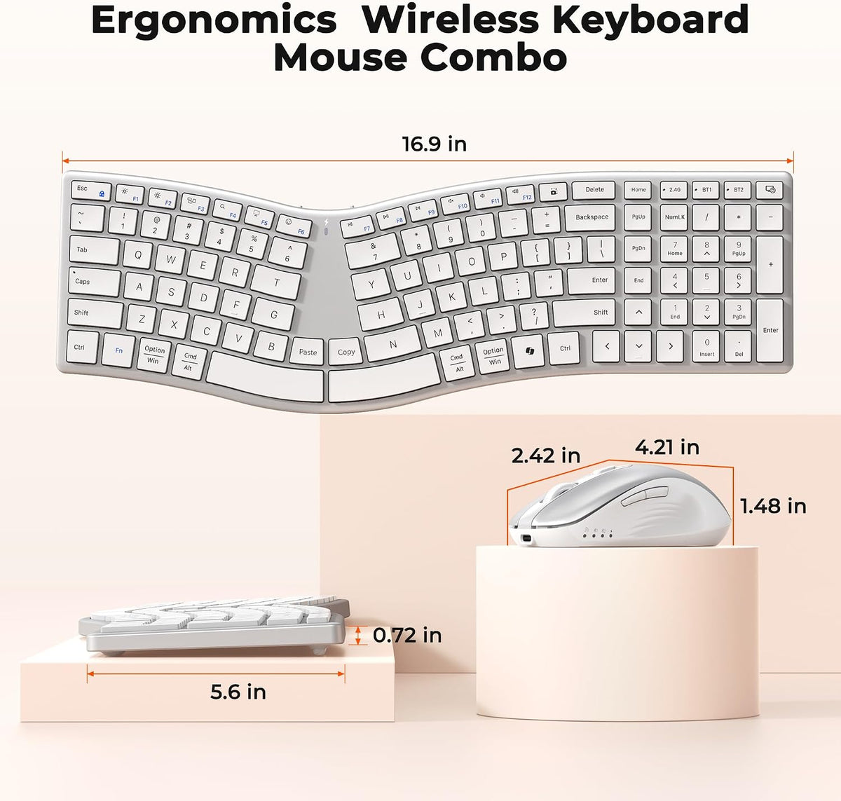 MEETION Wireless Ergonomic Keyboard and Mouse, Split S-Curve Design, White