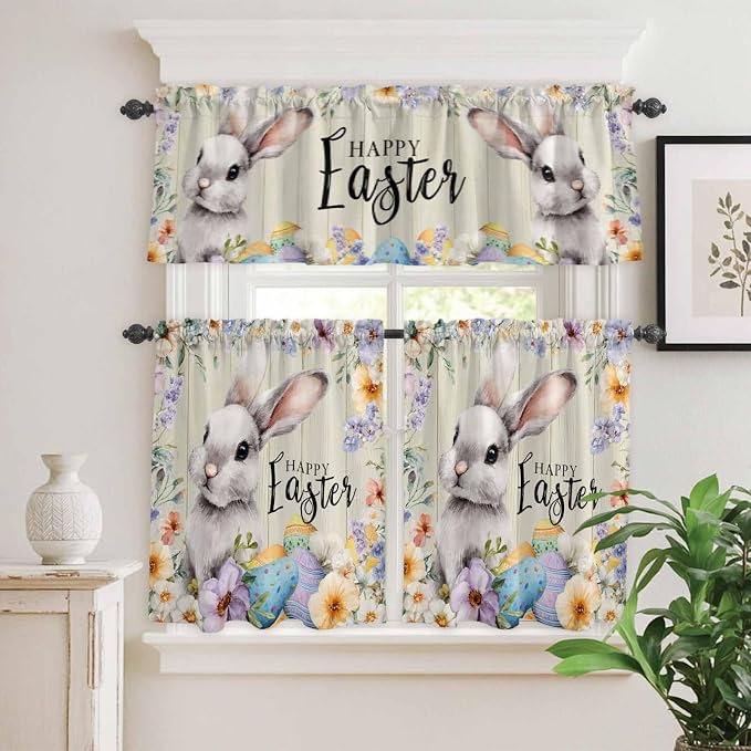 Easter Grey Bunny Kitchen Curtains Set 3 Piece