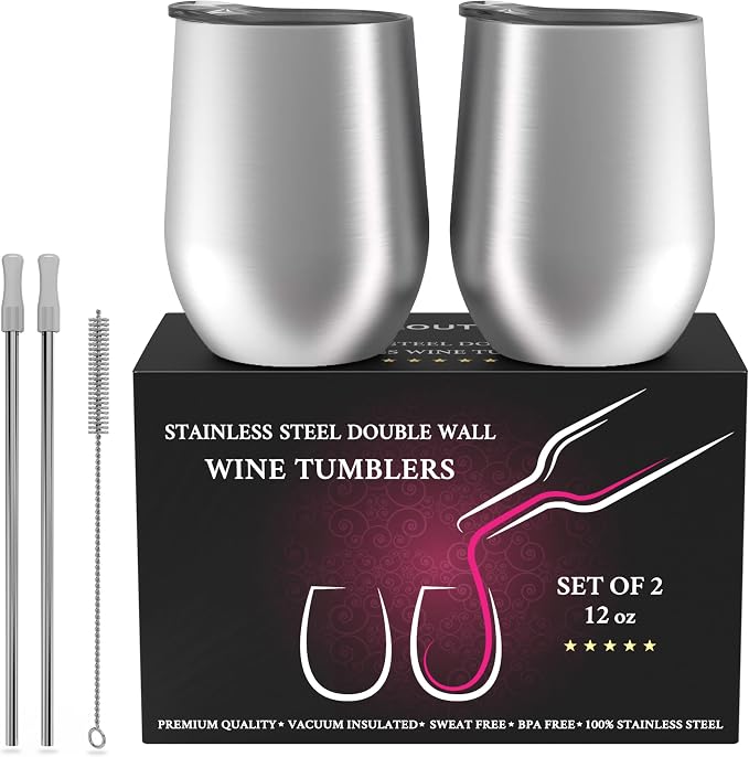 CHILLOUT LIFE 12 oz Stainless Steel Wine Tumblers 2 Pack