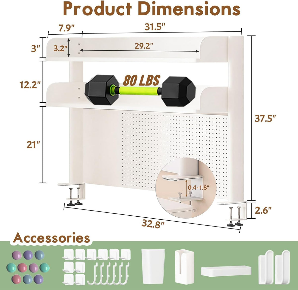 Clamp On Desk Shelf Organizer with Pegboard Desk Hutch Dorm with Storage Bookshelf Desk Top Organizer Shelf Multi-Purpose White & Black Desktop Shelves & Office Shelves (White, W - 31.5")